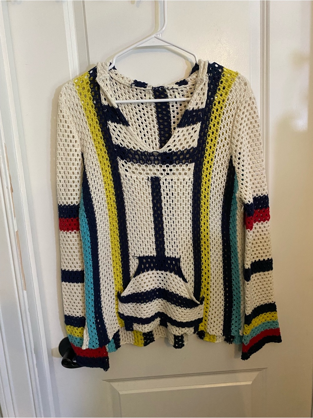 Ocean Drive Crochet Hooded Sweater with Multicolor Stripes